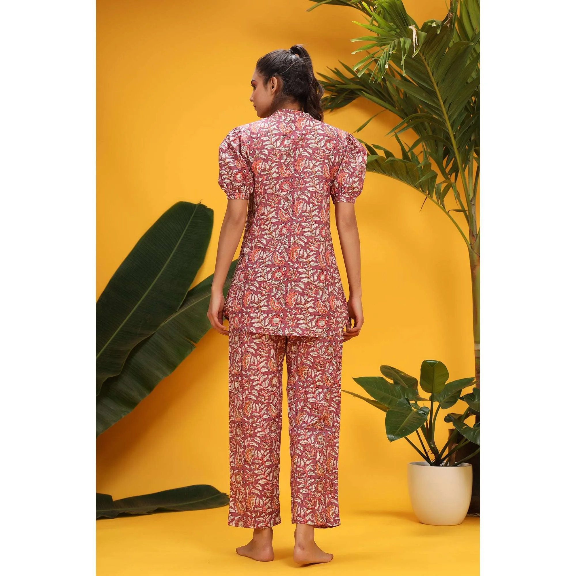 Delicate Jaal On Plum Colored Loungewear Top Set