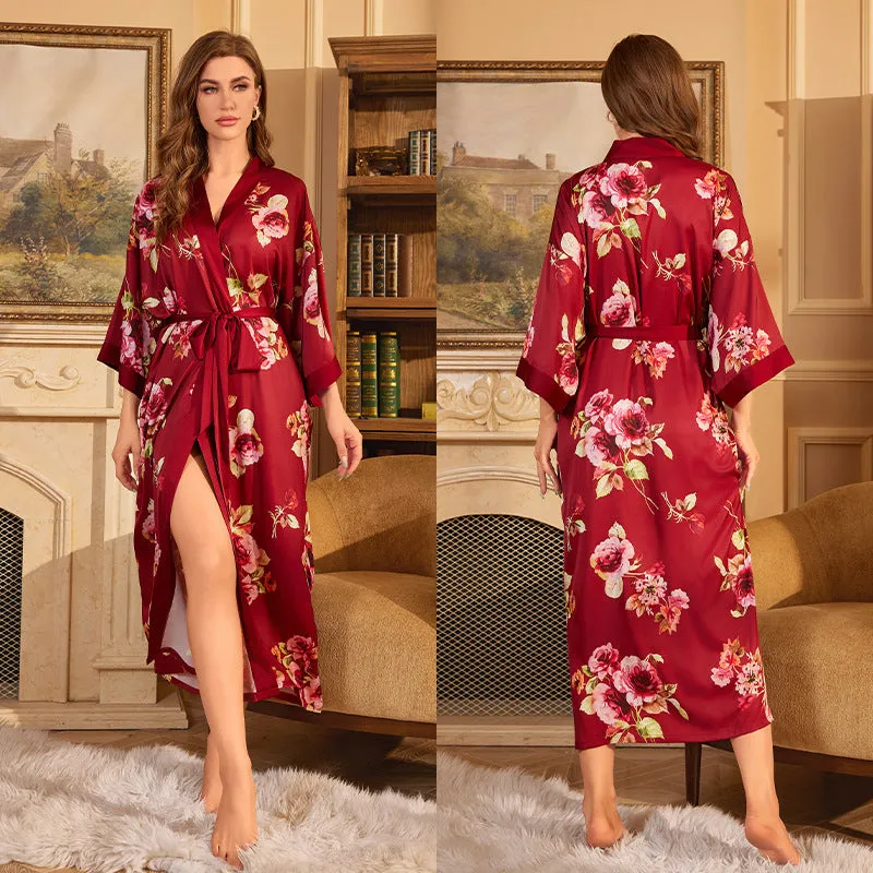 Elegant Red Satin Morning Gown - Women’s Luxury Sleepwear & Bathrobe