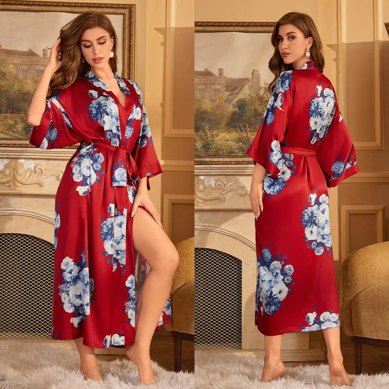 Elegant Red Satin Morning Gown - Women’s Luxury Sleepwear & Bathrobe