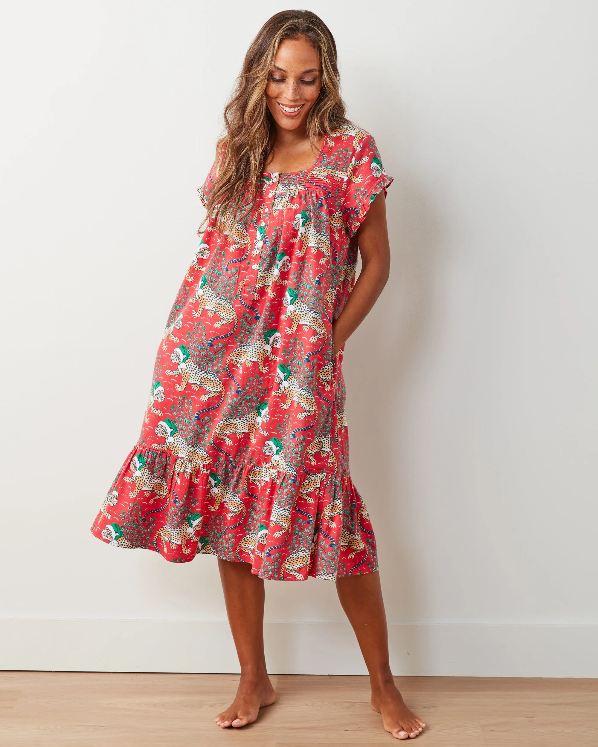Holly Jolly Bagheera - Lightweight Flannel Daylight Nightgown - Ruby