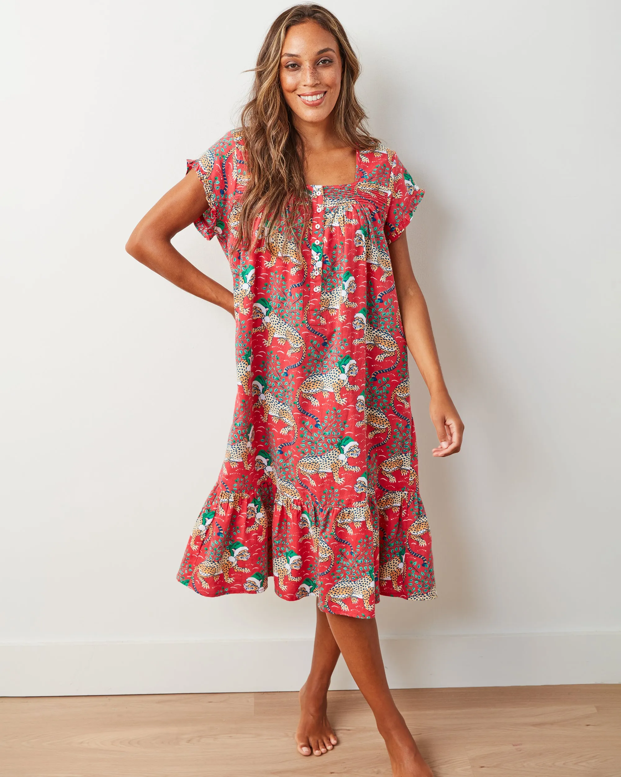 Holly Jolly Bagheera - Lightweight Flannel Daylight Nightgown - Ruby