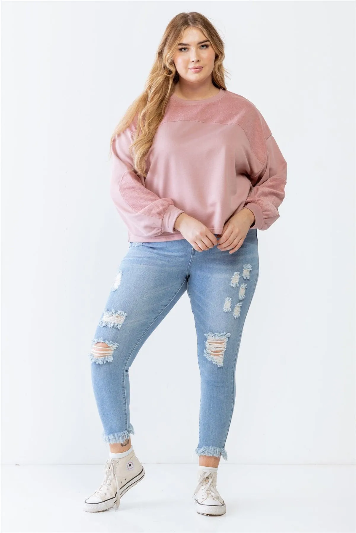 Junior Plus Mauve Knit Inset Crew Neck Long Sleeve Sweater /4-2