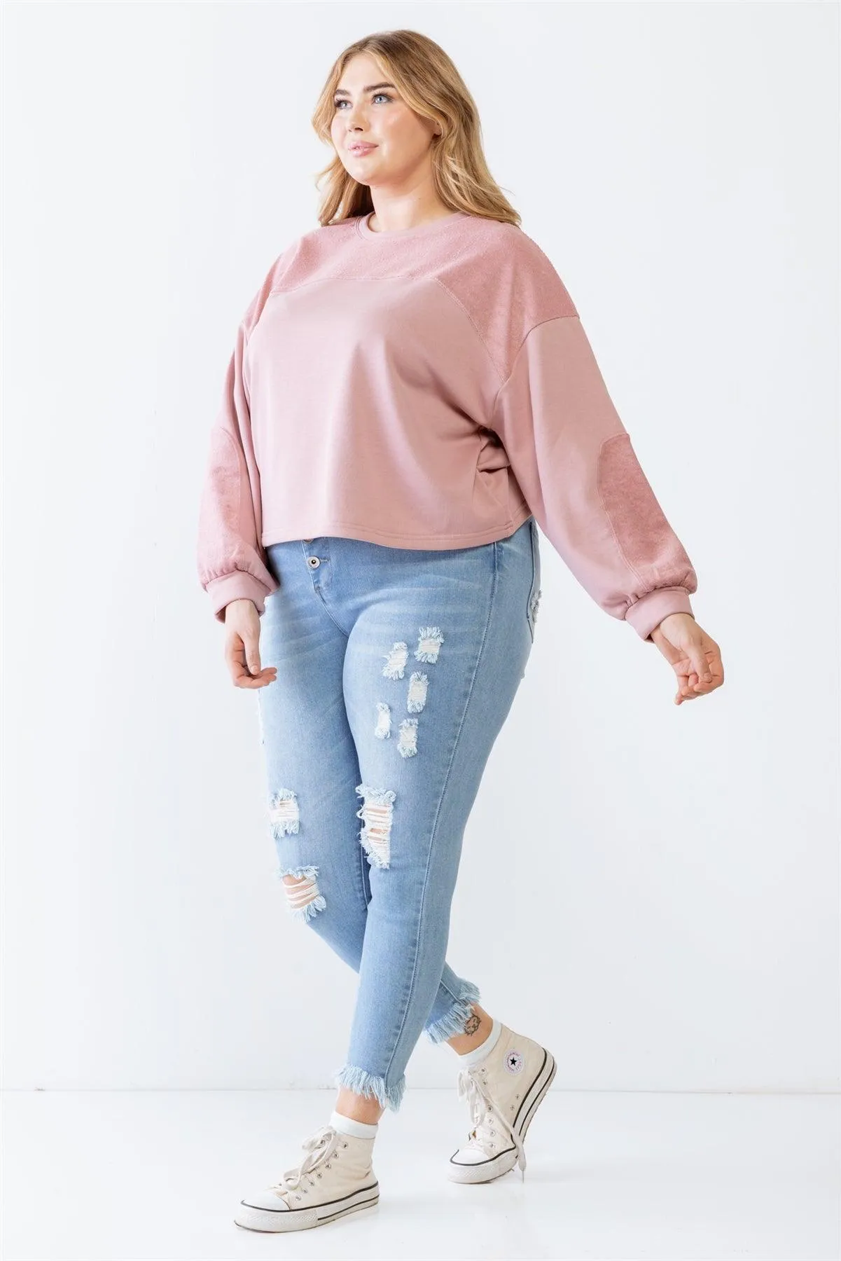 Junior Plus Mauve Knit Inset Crew Neck Long Sleeve Sweater /4-2