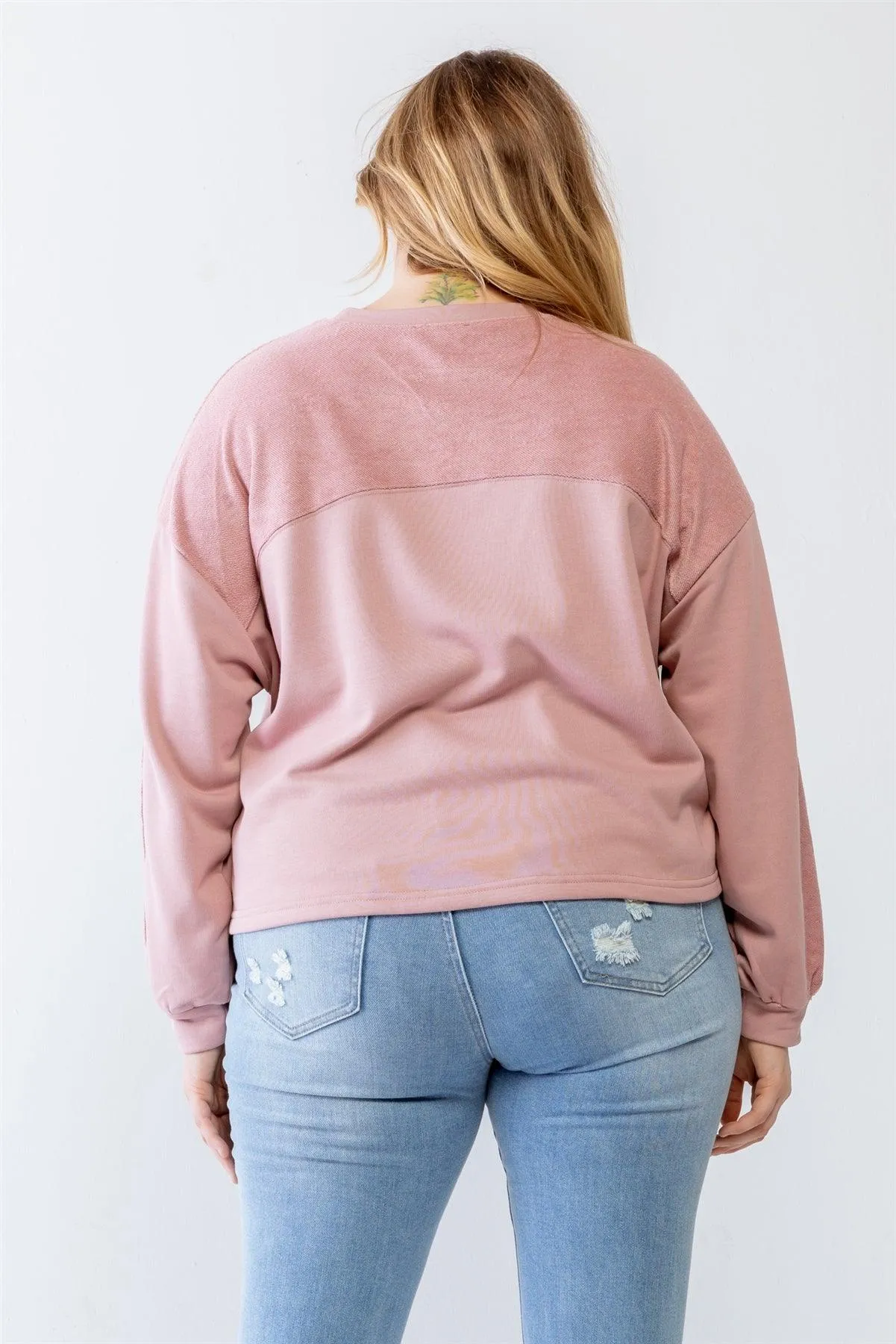 Junior Plus Mauve Knit Inset Crew Neck Long Sleeve Sweater /4-2
