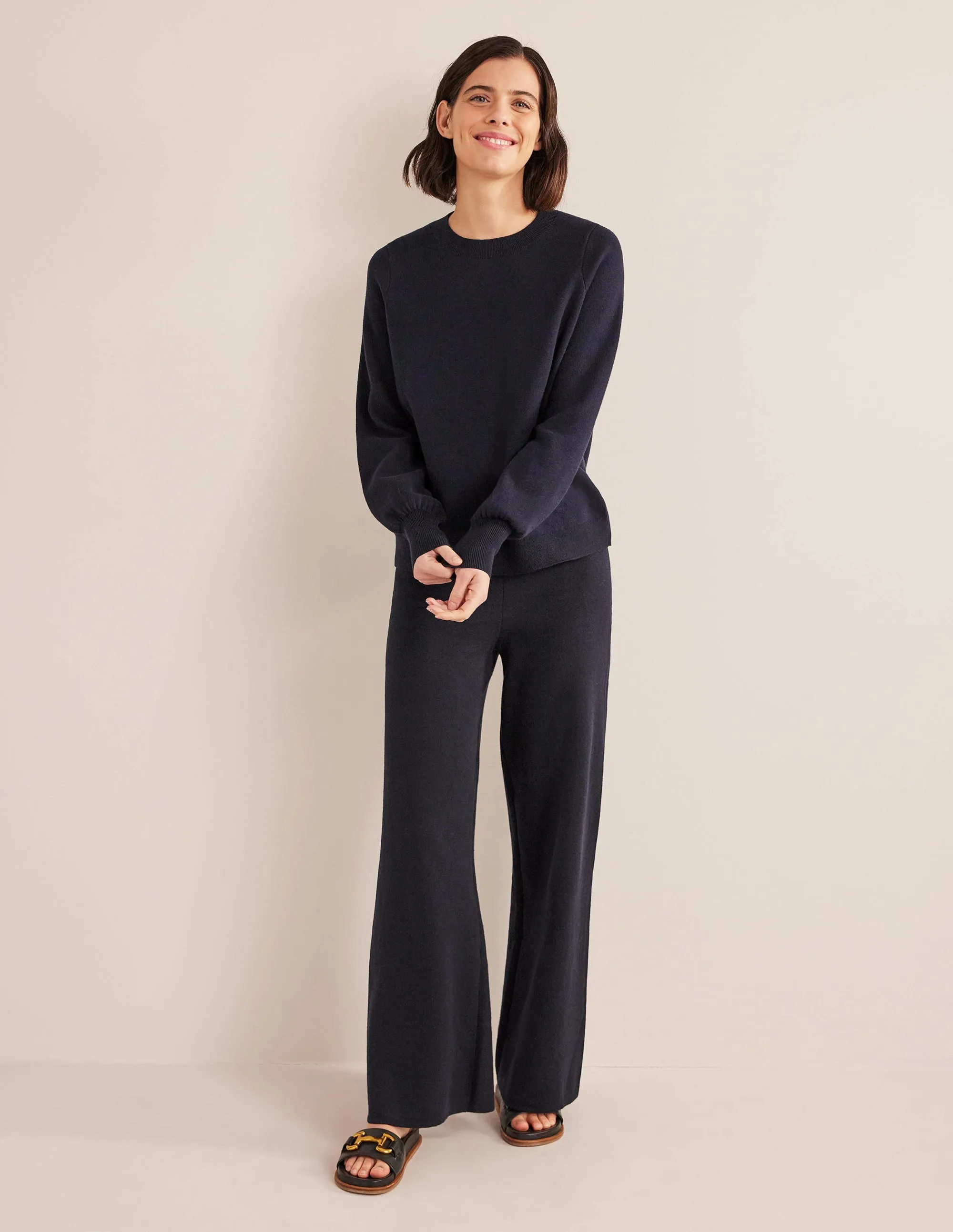 Knitted Wide Leg Trousers-Navy
