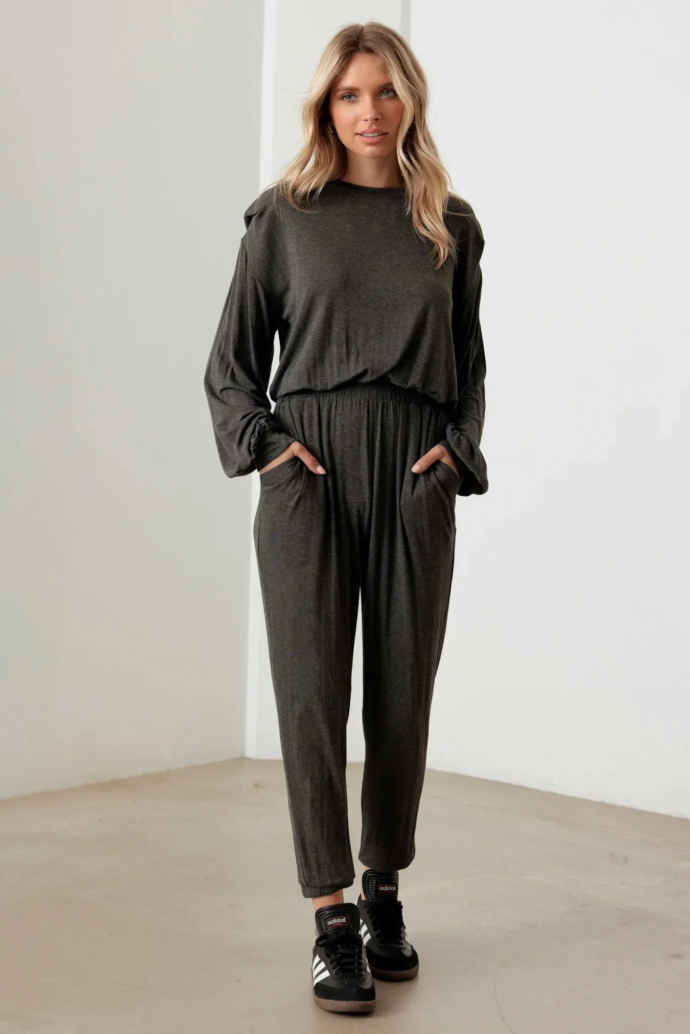 Long Sleeve Shoulder Pad  Elastic Waist Jumpsuit