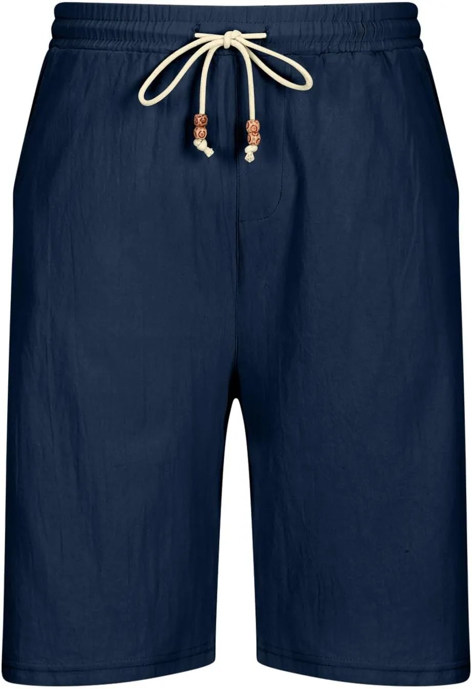 Men's Linen Casual Beach Shorts Cotton Classic Summer Shorts with Buttons Elastic Waist
