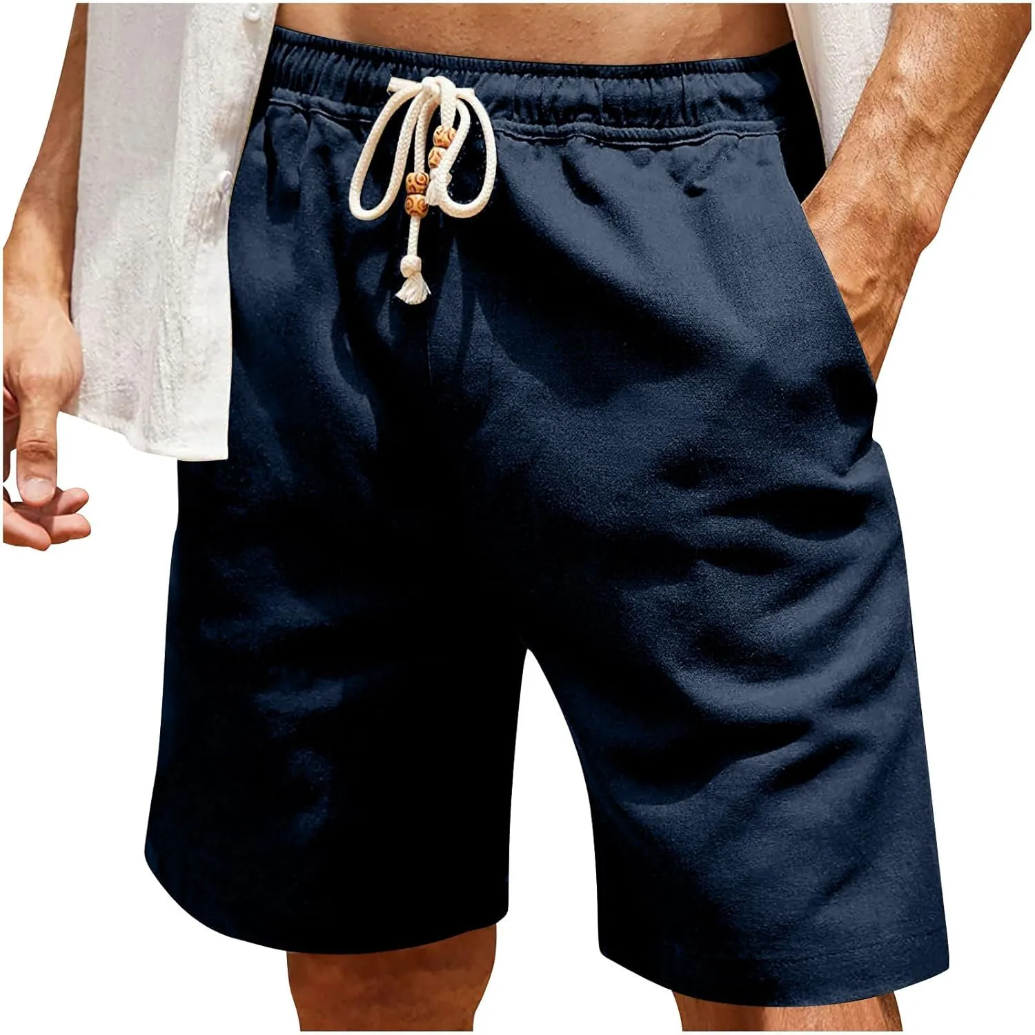 Men's Linen Casual Beach Shorts Cotton Classic Summer Shorts with Buttons Elastic Waist