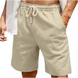 Men's Linen Casual Beach Shorts Cotton Classic Summer Shorts with Buttons Elastic Waist