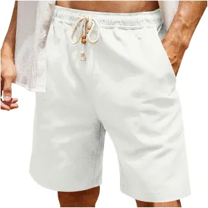 Men's Linen Casual Beach Shorts Cotton Classic Summer Shorts with Buttons Elastic Waist