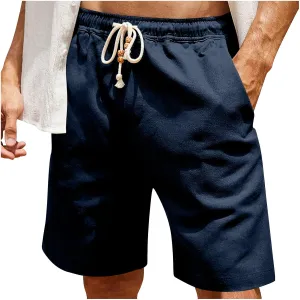 Men's Linen Casual Beach Shorts Cotton Classic Summer Shorts with Buttons Elastic Waist