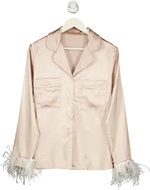 Pink satin feather trim shirt UK S