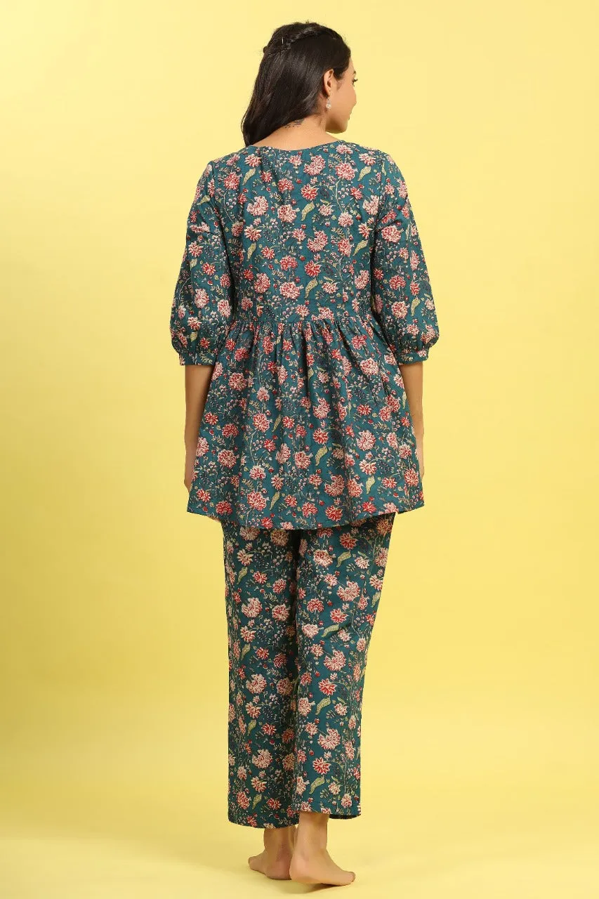 Teal Love on Cotton Peplum Loungewear Top Set