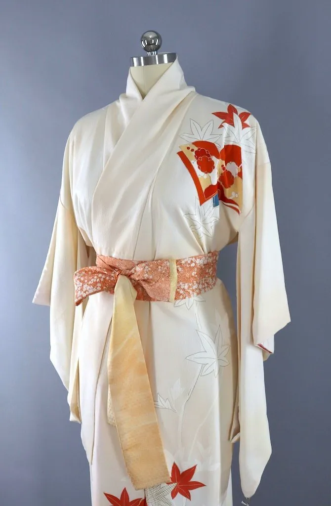 Vintage Ivory & Red Maple Leaves Silk Kimono Robe