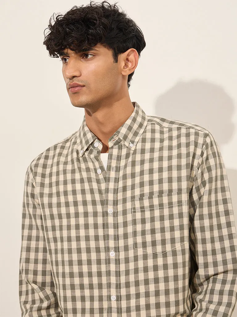 WES Casuals Olive Checks Design Relaxed-Fit Cotton Shirt