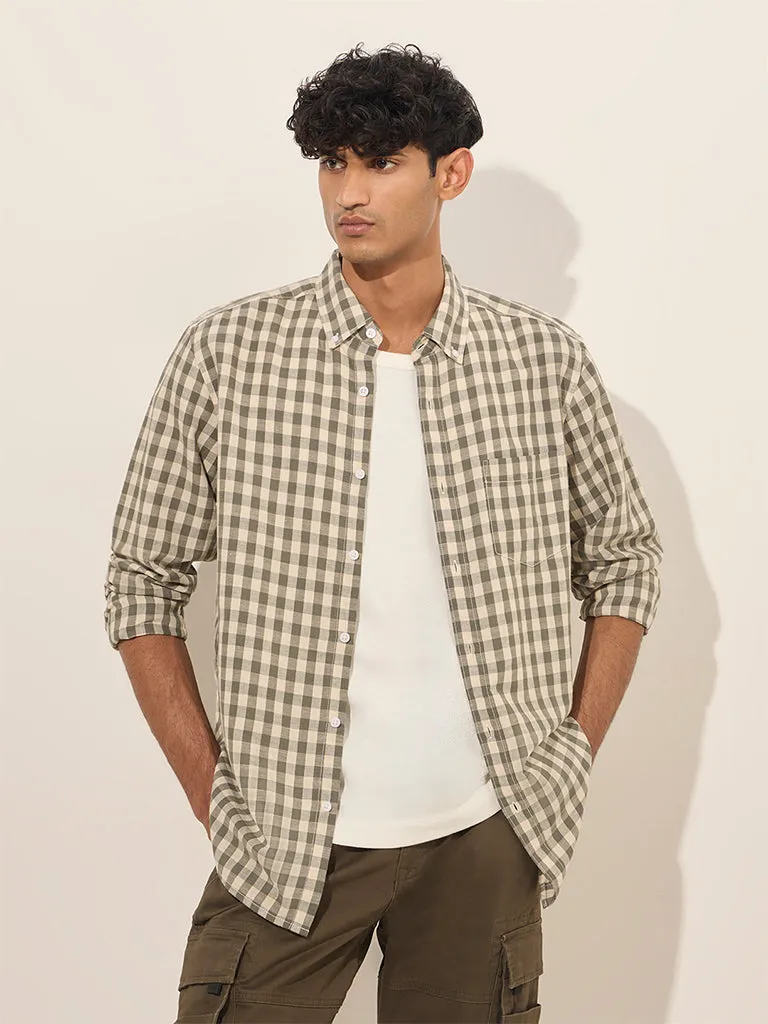 WES Casuals Olive Checks Design Relaxed-Fit Cotton Shirt