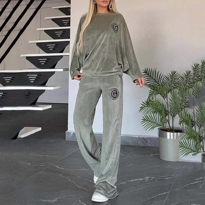 Womens Cozy Casual Set -  Soft Batwing Top and Wide-Leg Pants