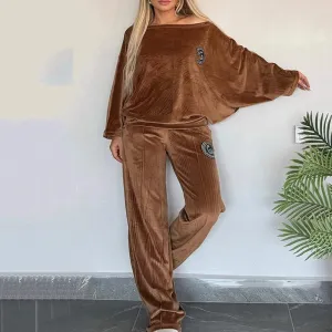 Womens Cozy Casual Set -  Soft Batwing Top and Wide-Leg Pants
