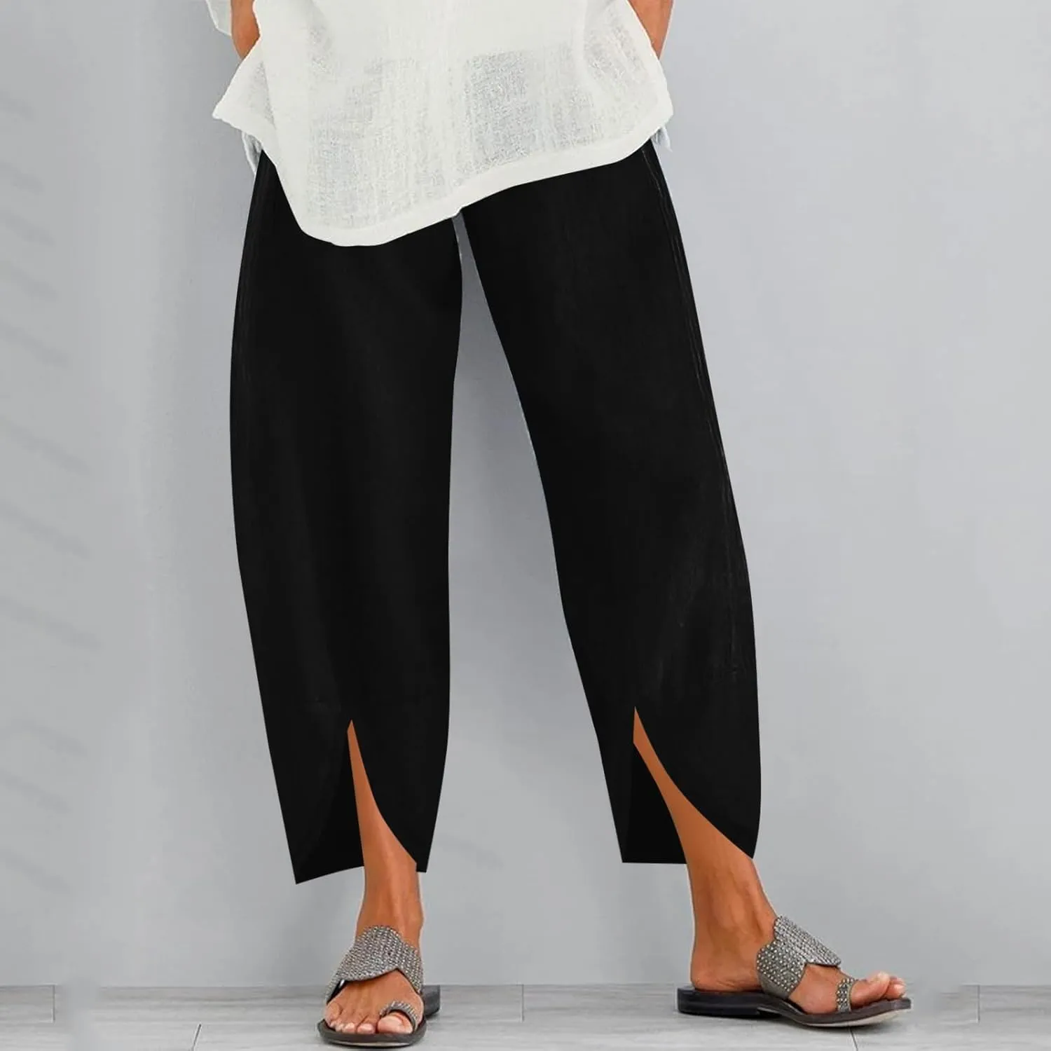 Womens Linen Summer Fashion Palazzo Lounge Pants Elastic Waist Straight Loose Fit Trouser Trendy