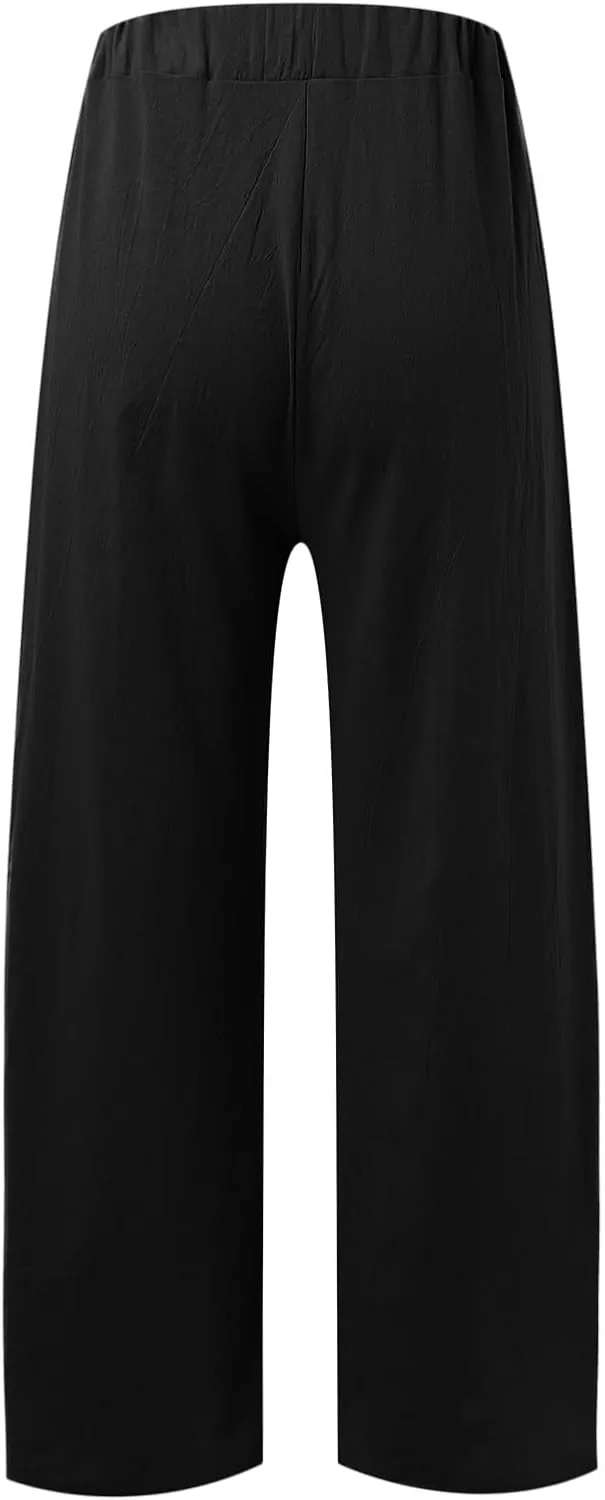 Womens Linen Summer Fashion Palazzo Lounge Pants Elastic Waist Straight Loose Fit Trouser Trendy