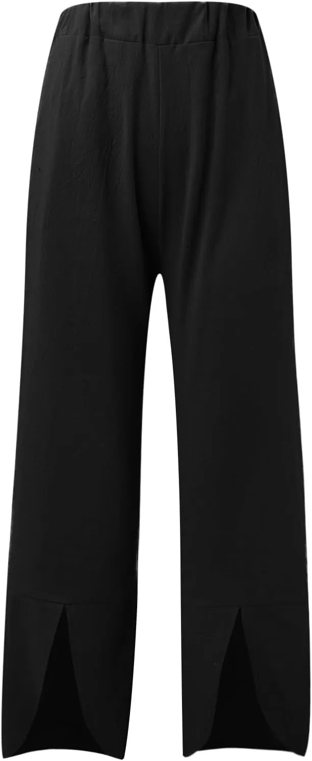 Womens Linen Summer Fashion Palazzo Lounge Pants Elastic Waist Straight Loose Fit Trouser Trendy