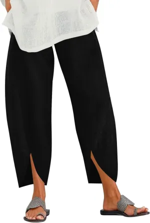 Womens Linen Summer Fashion Palazzo Lounge Pants Elastic Waist Straight Loose Fit Trouser Trendy
