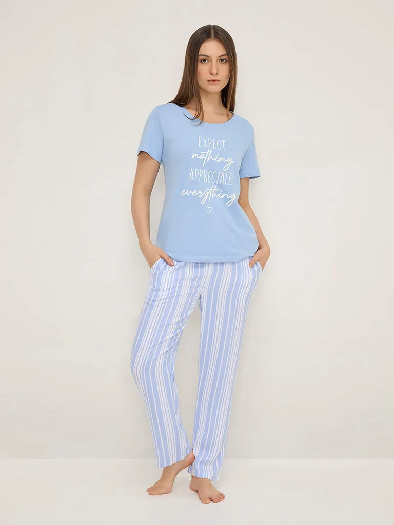 Wunderlove Light Blue Text Printed Cotton T-Shirt