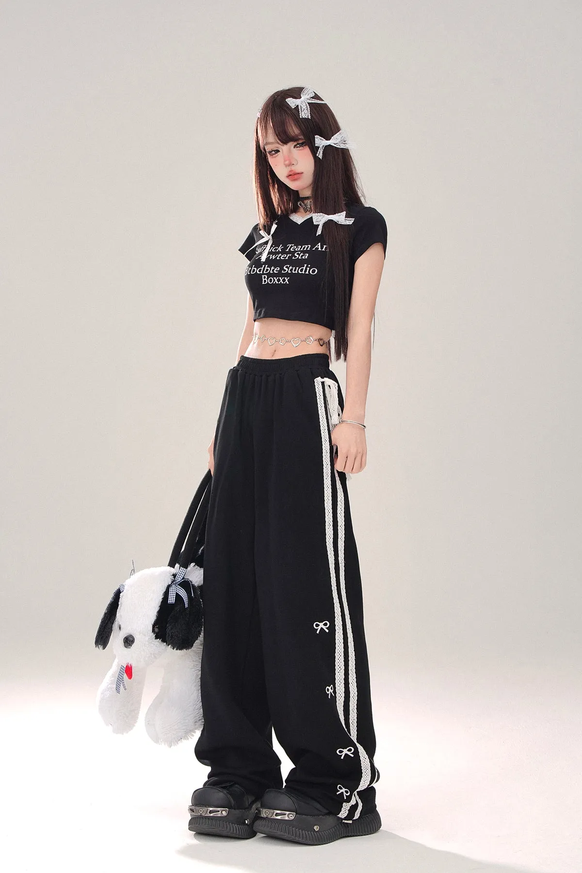 Young Eyes Cozy Bow Lace Black Elastic Waist Gathered Pants