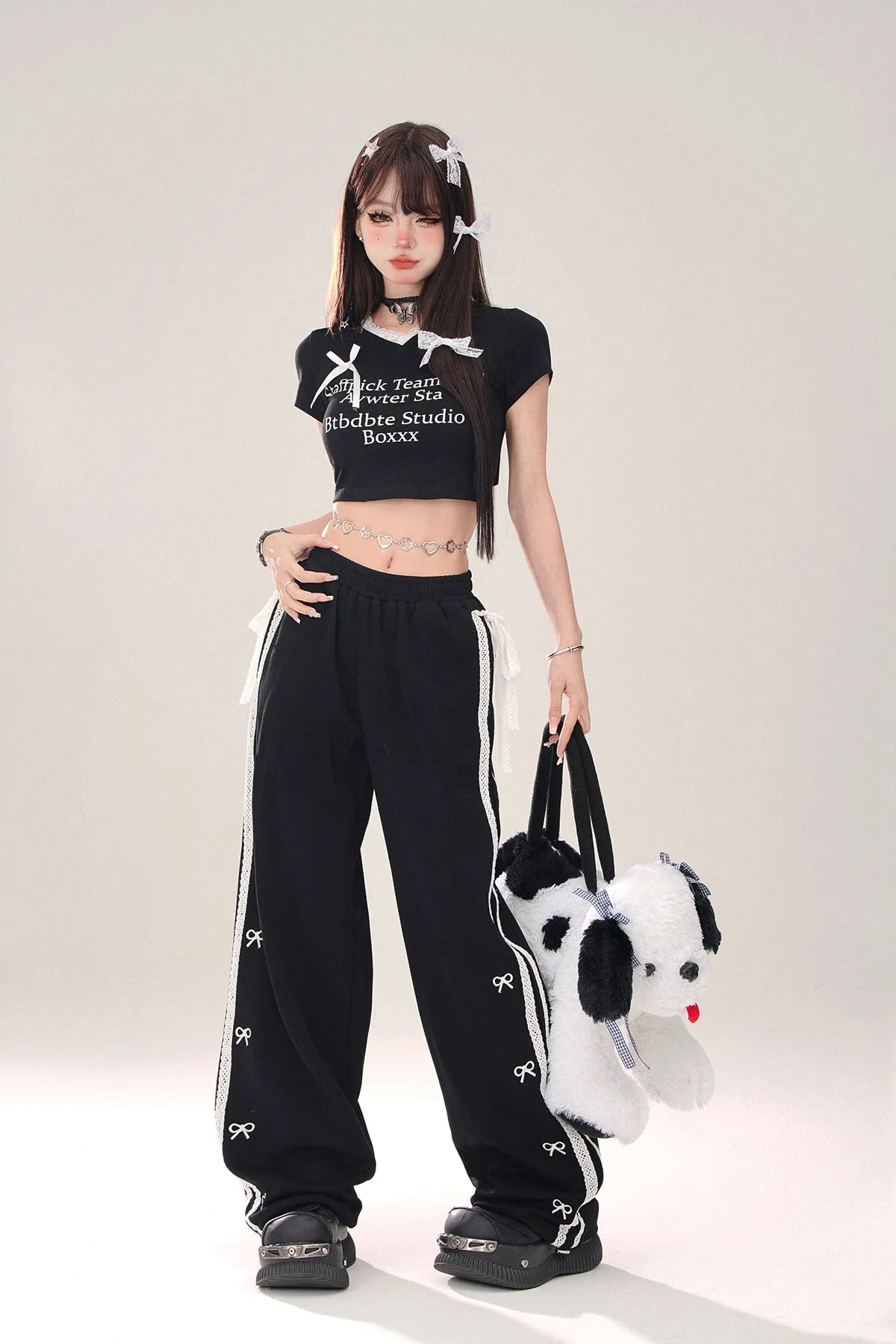 Young Eyes Cozy Bow Lace Black Elastic Waist Gathered Pants