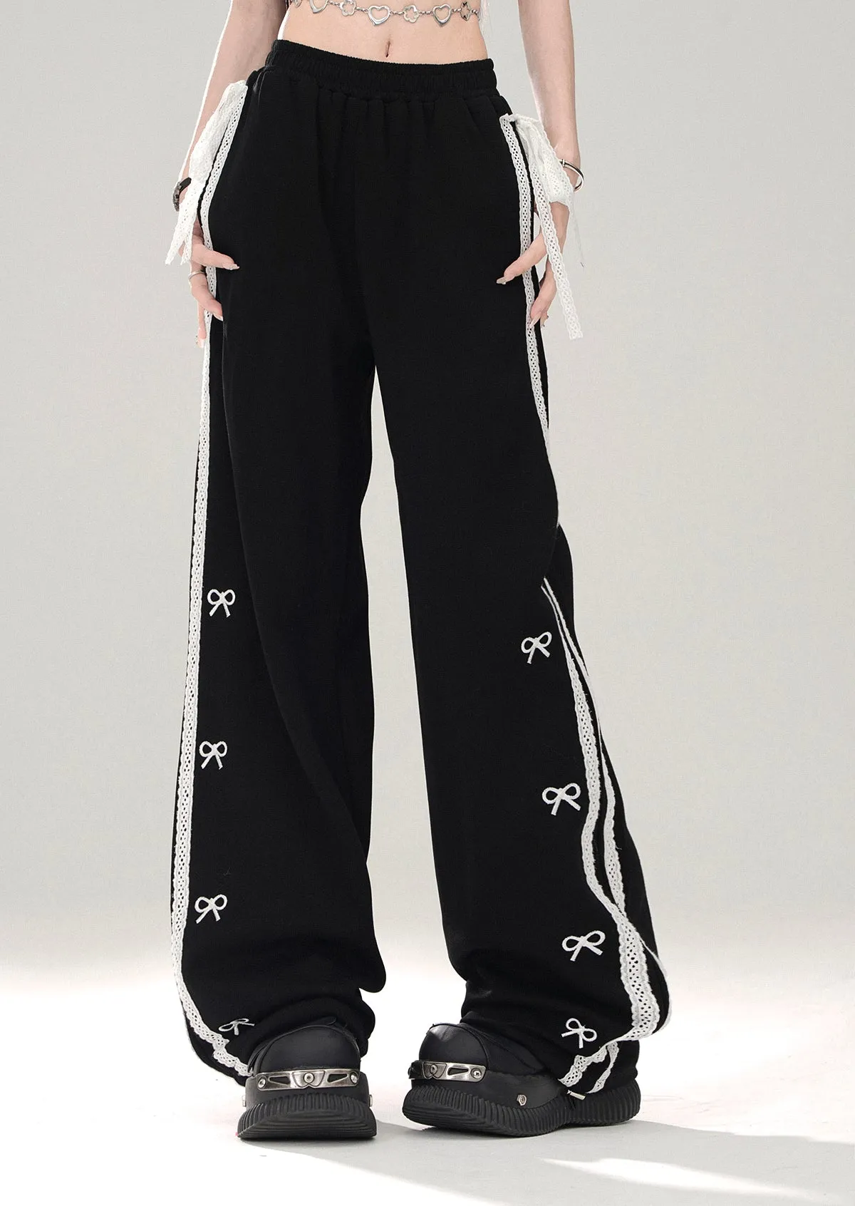 Young Eyes Cozy Bow Lace Black Elastic Waist Gathered Pants